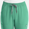 A pair of women's full elastic pull-on pants in green with an adjustable drawstring and side pockets.