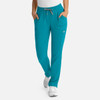 A pair of teal women's pants with a full elastic waistband and side pockets, featuring a logo.