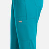A pair of women's pants in teal with a side pocket and a logo. Full elastic pull-on style.
