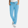 A pair of sky blue women's pants with a full elastic waistband and pockets, featuring a logo.