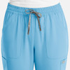 Light blue women's pull-on pants with an elastic waist and side pockets, featuring a drawstring.