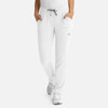 White full elastic pull-on pants with pockets and a drawstring, featuring a subtle logo on the side.