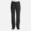 Black cargo pants with a fly front design, featuring side pockets and an elastic waistband. Includes branding logo.