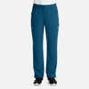 A pair of men's cargo pants in teal, featuring a fly front, side pockets, and a branding logo.