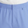 A pair of blue cargo pants featuring a fly front closure and an elastic waistband. The design includes pockets and a logo.