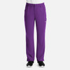A pair of purple cargo pants with an elastic waistband and multiple pockets, featuring a logo.