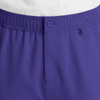 A pair of men's cargo pants in purple with a fly front design and an elastic waistband. Features a button closure.