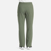 A pair of olive green cargo pants with multiple pockets and an elastic waistband, showing the back view.