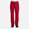 Red men's cargo pants featuring a fly front design and side pockets, with a logo on one pocket.