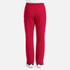 Red cargo pants featuring a fly front design and multiple pockets on the back. Includes branding on the waistband.