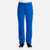 A pair of blue cargo pants with a fly front, featuring side pockets and an elastic waistband. The pants have a logo.