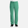 Green men's cargo pants with a fly front design and side pockets, featuring a logo.