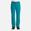 A pair of teal men's cargo pants with a fly front design and side pockets, featuring a logo on the fabric.