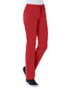A pair of red women's cargo pants with an elastic waistband and side pockets, worn with black footwear.