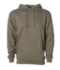 A heavyweight pullover hood in olive green with a front pocket and drawstring hood. It features a logo.