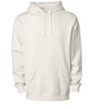 A cream heavyweight pullover hood featuring a front pocket and a hood. It has a logo on the front.