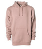 A heavyweight pullover hood in a soft pink shade, featuring a front pocket and a drawstring hood. It has a logo.