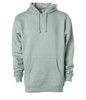 A mint green heavyweight pullover hood with a front pocket and drawstring hood, featuring a logo.