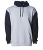 A heavyweight pullover hood in grey with black sleeves, featuring a hood and front pocket. It has a logo.
