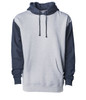 A heavyweight pullover hood in grey with navy sleeves, featuring a front pocket and a hood. It has a logo.