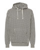 A heavyweight pullover hood in a black and white houndstooth pattern, featuring a hood and drawstrings.