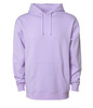 A lilac heavyweight pullover hood with a front pocket and a hood, featuring a logo.