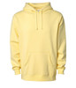 A yellow heavyweight pullover hood with a pouch pocket and a hood. It features a logo on the front.