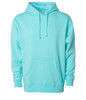 A mint green heavyweight pullover hooded sweatshirt with a front pocket and drawstring hood. It features a logo.