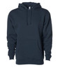 A navy blue heavyweight pullover hoodie featuring a front pocket and a drawstring hood. It has a logo on the label.