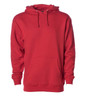 A red heavyweight pullover hood with a front pocket and adjustable drawstring hood. It features a logo.
