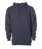 A heavyweight pullover hood in navy blue featuring a front pocket and a hood, with a logo on the sleeve.