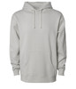 A heavyweight pullover hood in a light grey colour with a front pocket and a hood, featuring a logo.