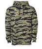 A camo-patterned heavyweight pullover hood in shades of green and black, featuring a front pocket and drawstring hood.