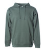 A midweight pullover hood in a muted green colour, featuring a front pocket and a drawstring hood.