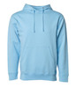 A light blue midweight pullover hooded sweatshirt with a front pocket and a logo.