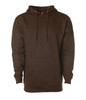A brown midweight pullover hood with a front pocket and drawstrings, featuring a branding logo.