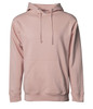A midweight pullover hood in a soft pink colour, featuring a front pocket and an adjustable hood with drawstrings.