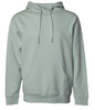 A midweight pullover hood in a soft green colour, featuring a front pocket and an adjustable hood.