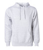 A grey midweight pullover hood with a front pocket and drawstring hood. It includes a logo.