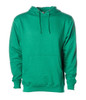 A green midweight pullover hooded sweatshirt with a front pocket and a drawstring hood. Includes a logo.