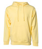 A yellow midweight pullover hood featuring a front pocket and a drawstring hood, with a logo.