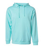 A light blue midweight pullover hood with a front pocket and drawstring hood. Features a logo on the front.