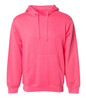 A bright pink midweight pullover hood with a front pocket and a hood. It features a logo on the chest.
