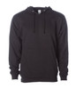 A black midweight pullover hood with a front pocket and drawstring hood, featuring a logo.