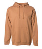 A midweight pullover hoodie in a warm brown colour with a front pocket and drawstring hood. It features a logo.