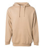 A beige midweight pullover hooded sweatshirt with a front pocket and drawstrings, featuring a logo.