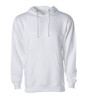 A white midweight pullover hood with a front pocket and drawstrings, featuring a logo on the front.