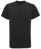 A black performance T-shirt with a round neckline and short sleeves, featuring a logo on one side.