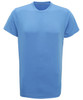 A blue performance T-shirt with short sleeves and a round neckline, featuring a logo on the chest.