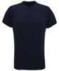 A navy performance T-shirt with a round neck and short sleeves, featuring a logo on one side.